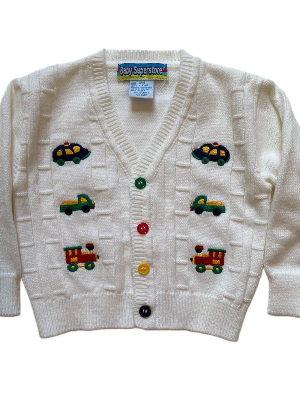 Vintage Baby Superstore Cardigan Sweater Train Car 12M White Knit NWOT Retro